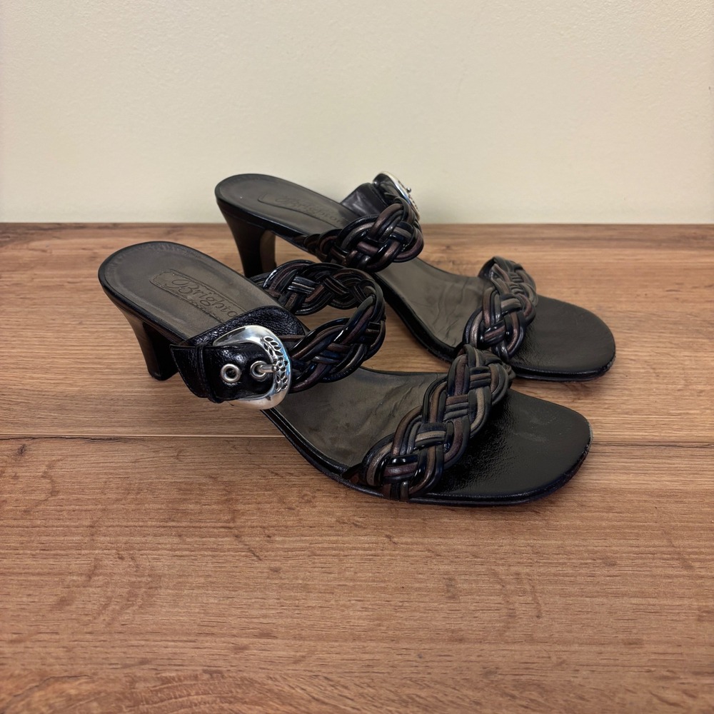 BRIGHTON Fiji Braided Leather Slide Sandals Black Women Size 7 Open Toe Buckle